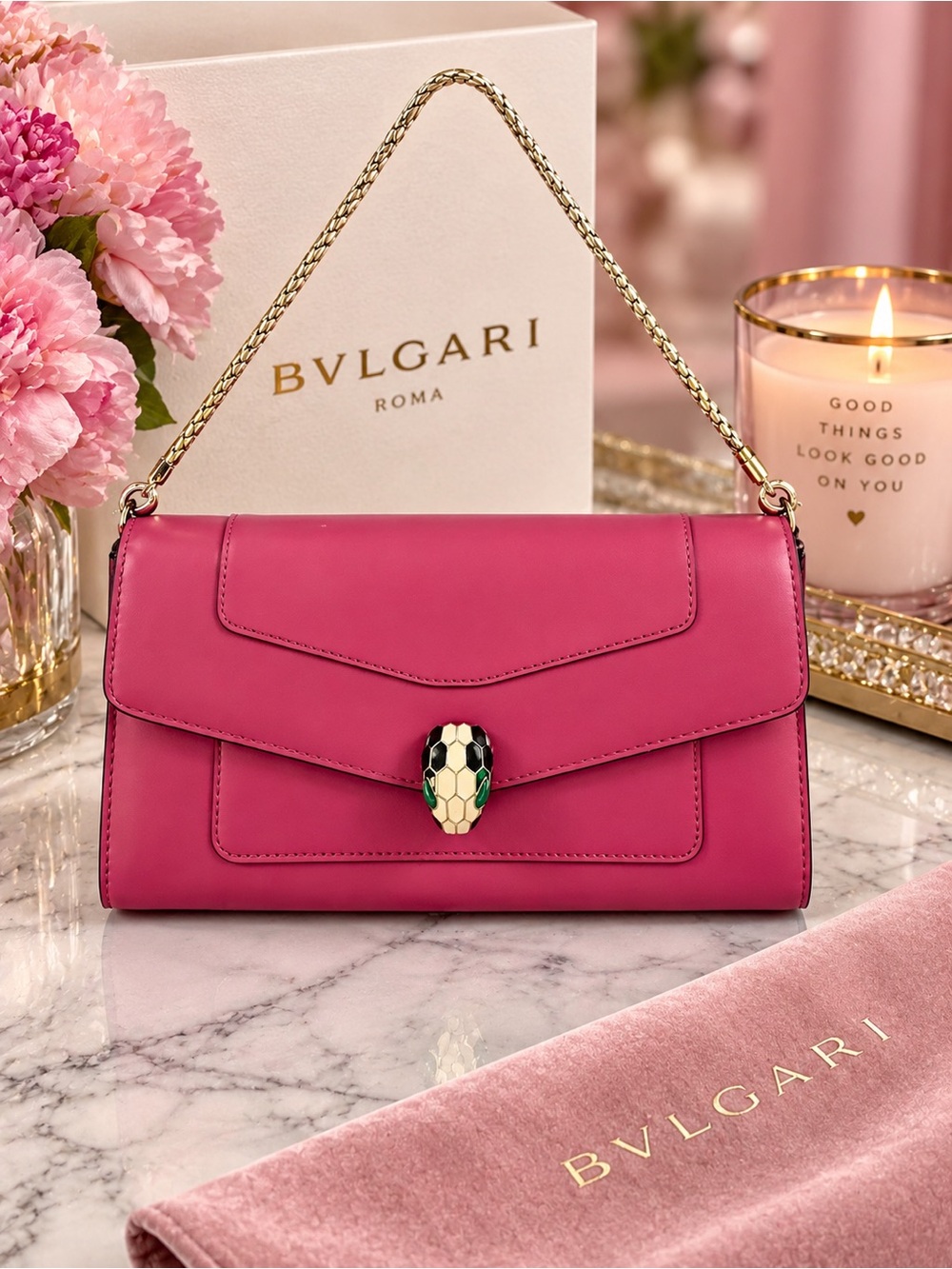 Bulgari Fuchsia Serpenti Forever Pink Wallet on Chain / Shoulder Bag - w/COA